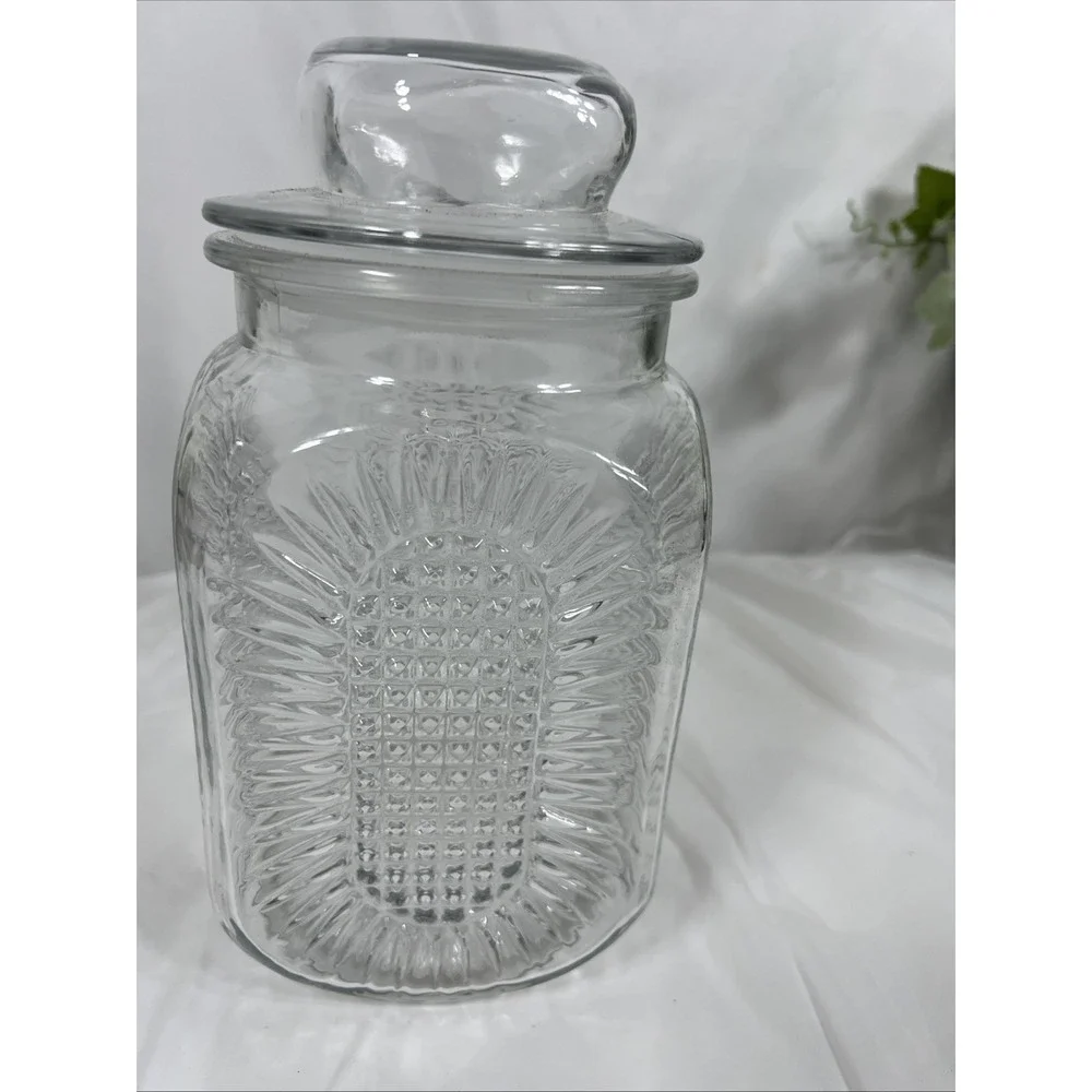 Anchor Hocking Press‎ Glass Sunflower Jar With Lid Starburt Vintage